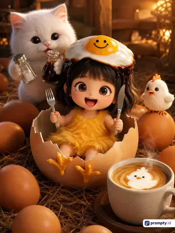 Gambar bergaya digital art 3D bergaya chibi ini menampilkan konten imut berupa boneka anak perempuan berambut hitam yang mengenakan topi telur mata sapi tersenyum sambil duduk di dalam cangkang telur besar dikelilingi kucing putih memegang bumbu, anak ayam kecil, cangkir kopi latte art bergambar ayam, dan jerami, dengan kata kunci anak perempuan, kucing, telur, latte art, dan 3 warna dominan yaitu cokelat, kuning, dan putih.