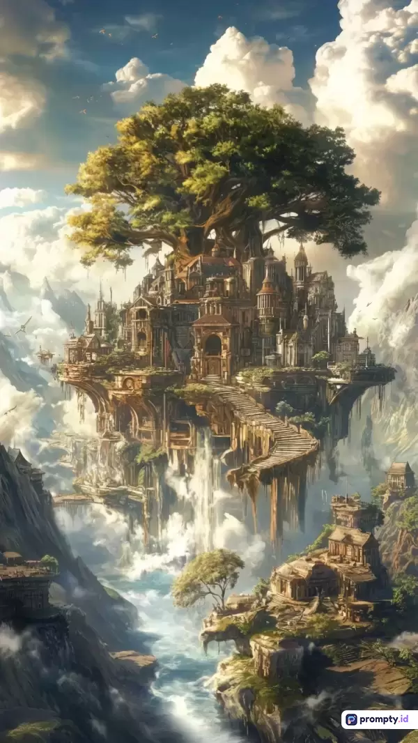 Gambar bergenre fantasi digital ini menampilkan pemandangan menakjubkan dari sebuah kota kuno yang dibangun di atas pulau melayang dengan pohon raksasa di puncaknya, dikelilingi oleh air terjun dan pegunungan berkabut, serta menggunakan kata kunci fantasi, pulau melayang, pohon raksasa, kota kuno, dan surealis, dengan palet warna dominan biru langit, hijau dedaunan, dan cokelat tanah.
