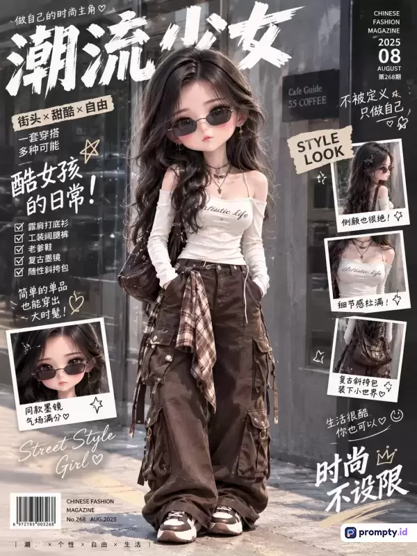 Gambar majalah mode bergaya animasi 3D chibi ini menampilkan seorang gadis berambut hitam panjang mengenakan kacamata hitam, baju putih off-shoulder, dan celana kargo cokelat besar dengan latar belakang jalanan kota, yang diperkaya dengan teks Tiongkok dan Inggris bergaya majalah serta 3 warna dominan yaitu putih, cokelat tua, dan hitam untuk menciptakan kata kunci fesyen jalanan, tren mode, dan estetika urban.