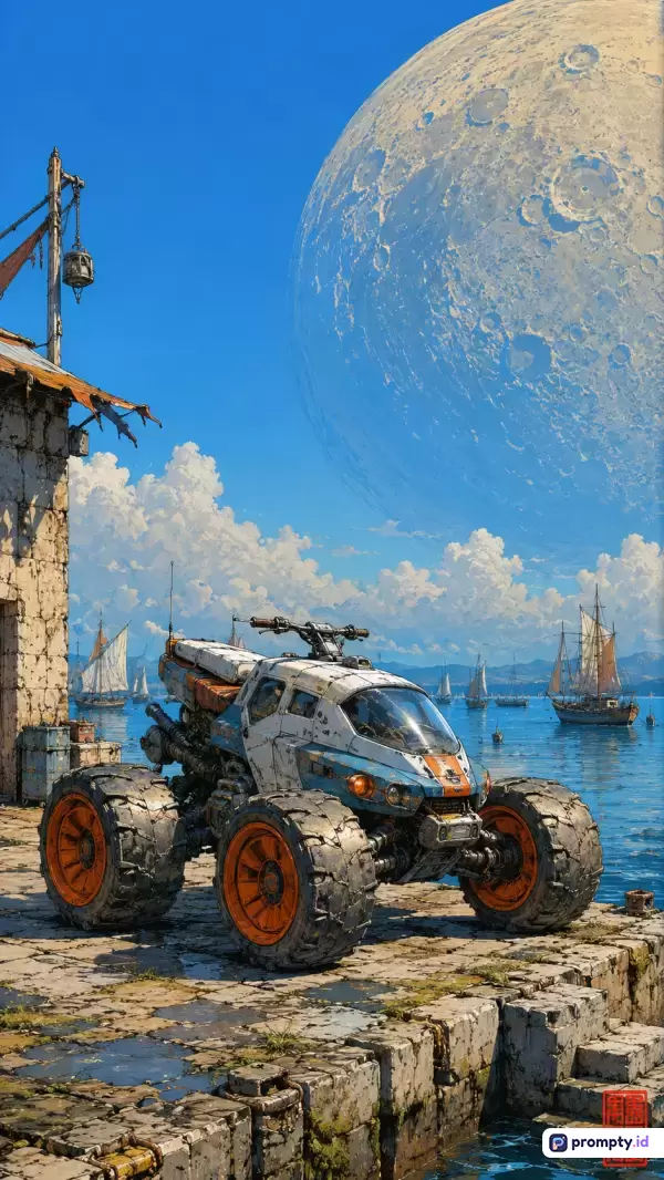 Gambar bergenre fiksi ilmiah dengan gaya ilustrasi digital ini menampilkan konten kendaraan penjelajah darat futuristik beroda besar di dermaga pelabuhan dengan latar belakang planet bulan raksasa, laut biru berlayar kapal tradisional, dan bangunan tua, yang diasosiasikan melalui kata kunci penjelajah futuristik, bulan raksasa, pelabuhan fiksi ilmiah, kendaraan luar angkasa, dunia alien, serta didominasi oleh warna biru cerah, oranye menyala, dan abu-abu terang.