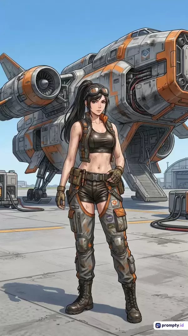 Gambar bergaya ilustrasi anime fiksi ilmiah ini menampilkan seorang wanita berambut hitam berponi kuda mengenakan pakaian mekanik taktis lengkap dengan kacamata goggle, berdiri dengan latar belakang pesawat luar angkasa futuristik berwarna jingga dan abu-abu di sebuah landasan terbuka, dengan dominasi warna abu-abu, jingga, dan hitam, serta kata kunci mekanik luar angkasa, anime sci-fi, wanita tangguh, kapal futuristik, dan landasan pesawat.