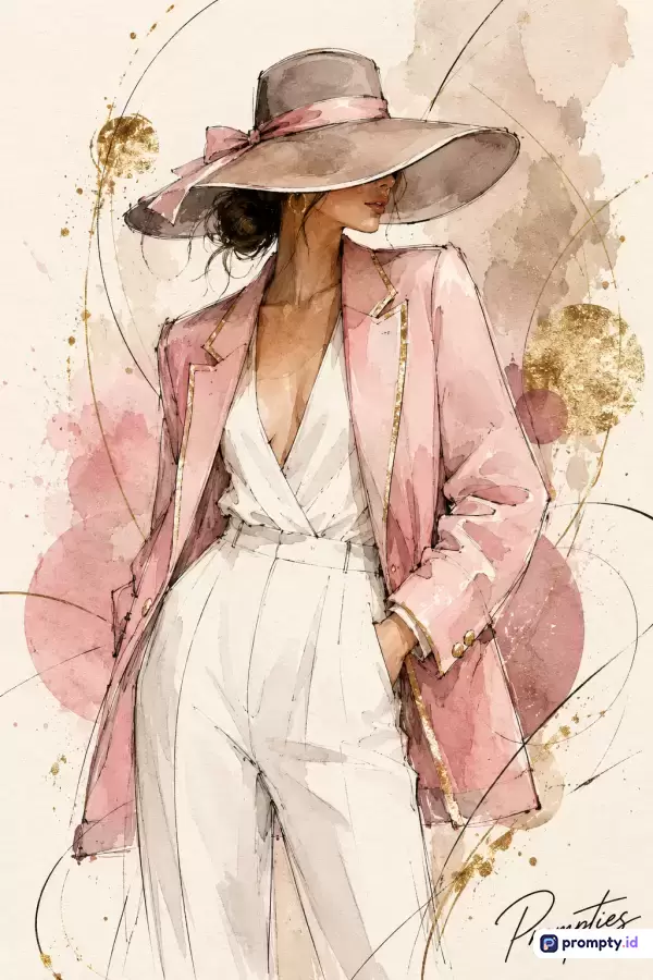 Gambar bergaya ilustrasi fesyen cat air yang elegan ini menampilkan konten wanita modis berbalut blazer merah muda dan celana putih bertepi topi lebar, dengan kata kunci fashion, ilustrasi, cat air, wanita, elegan, dan warna dominan merah muda, krem, serta emas.