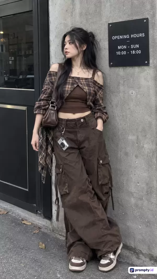 Gambar potret gaya jalanan urban bernuansa kasual-grunge ini menampilkan seorang wanita muda berambut hitam dengan gaya rambut berantakan artistik, mengenakan pakaian serba cokelat berlapis yang terdiri dari crop top cokelat tua, kemeja flanel kotak-kotak yang dibiarkan turun di bahu, celana kargo longgar, tas bahu kulit, dan sepatu kets, dengan latar belakang dinding beton bertekstur industrial di samping plang jam operasional hitam, yang memancarkan estetika fesyen jalanan modern Asia Timur dengan dominasi warna cokelat tua, krem, dan hitam, serta diiringi kata kunci fesyen, gaya jalanan, grunge, estetika urban, dan pakaian kasual wanita.