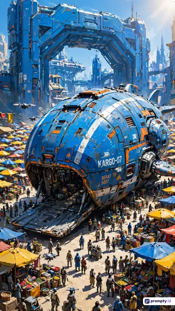 Gambar digital bergaya sci-fi futuristik ini menampilkan pemandangan pasar tradisional yang padat dengan latar belakang arsitektur mega-struktur canggih dan pesawat kargo raksasa berlabel KARGO-07 yang sedang mendarat, dengan kata kunci fiksi ilmiah, pasar masa depan, pesawat ruang angkasa, kota kolosal, dan keramaian, serta didominasi oleh warna biru, jingga, dan putih.