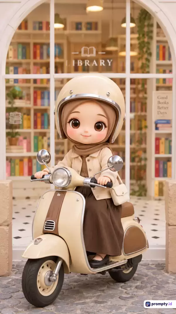 Gambar bergaya boneka 3D ini menampilkan karakter wanita berhijab dan berhelm yang sedang menaiki skuter klasik di depan perpustakaan, dengan kata kunci hijab, skuter, perpustakaan, boneka 3D, dan estetika, serta didominasi oleh warna krem, cokelat, dan putih.