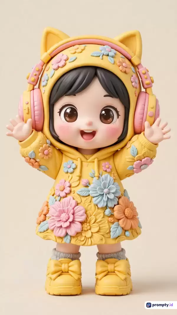 Gambar ini menampilkan figur mainan 3D bergaya *chibi* yang menggemaskan dengan konten karakter anak perempuan ceria berambut hitam bermata besar, mengenakan tudung kuning bertelinga kucing, hoodie bermotif bunga timbul, dan headphone merah muda, sementara gaya gambarnya adalah seni digital *claymation* atau figur vinil halus dengan kata kunci figur mainan, anak perempuan, chibi, kuning, bunga, headphone, 3D, imut, serta tiga warna dominannya adalah kuning, merah muda, dan krem.