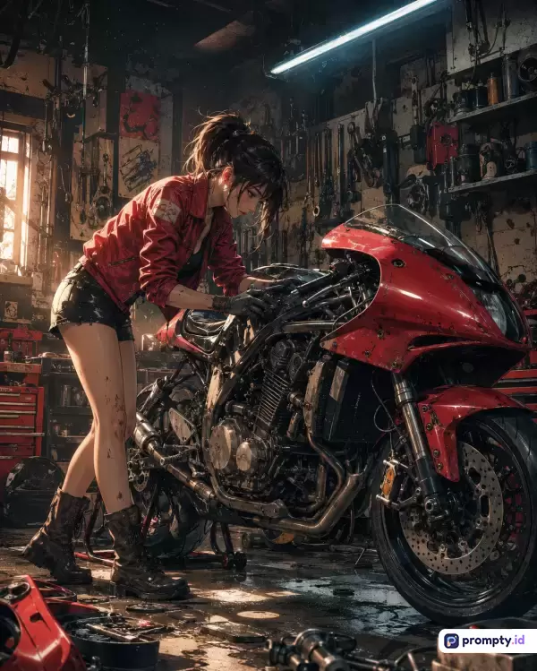 Gambar bergaya seni digital sinematik ini menampilkan konten seorang wanita mekanik berambut kuncir kuda yang sedang memperbaiki sepeda motor merah di bengkel kotor bernuansa industrial, dengan kata kunci: wanita, mekanik, sepeda motor, bengkel, garasi, keren, dan tiga warna dominan yaitu merah, cokelat gelap, serta abu-abu metalik.