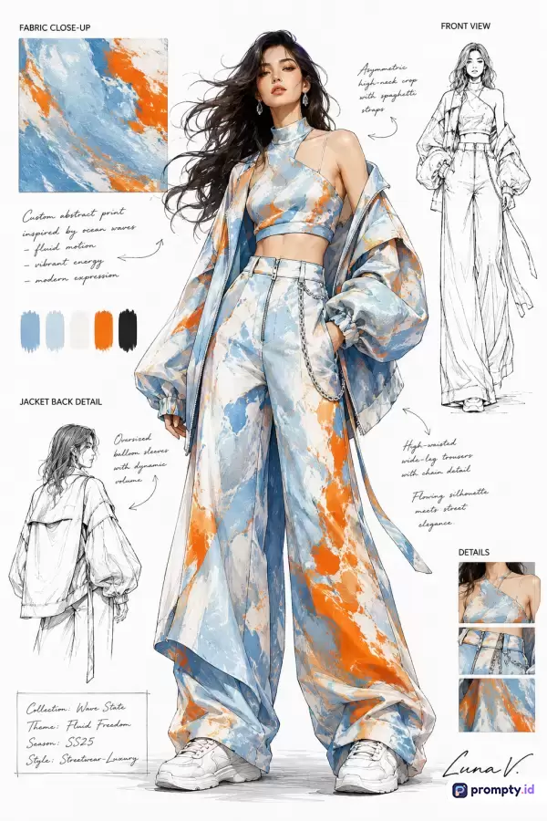 Gambar ini menampilkan sketsa desain busana kontemporer dengan gaya ilustrasi digital modern dan estetika *streetwear-luxury*, yang menampilkan konten berupa model wanita mengenakan setelan *crop top*, celana *high-waisted wide-leg*, dan jaket *oversized* bermotif abstrak terinspirasi gelombang laut dengan dominasi kata kunci mode, sketsa busana, abstrak, dan *fluid freedom*, serta didominasi oleh tiga warna utama yaitu biru muda, putih, dan jingga terang.