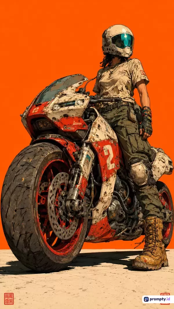 Gambar bergaya ilustrasi fiksi ilmiah dan cyberpunk ini menampilkan seorang pengendara wanita berhelm futuristik yang mengenakan pakaian taktis kotor sedang berpose di atas sepeda motor gede yang juga berkarat dan usang, dengan kata kunci seperti perempuan, pengendara, motor futuristik, pasca-apokaliptik, dan fiksi ilmiah, didominasi oleh palet warna oranye, putih, dan merah.