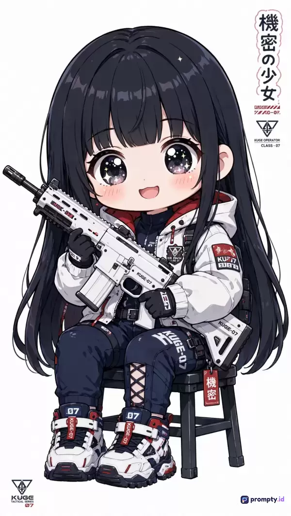 Gambar bergaya ilustrasi anime chibi ini menampilkan karakter anak perempuan berambut hitam panjang yang sedang duduk di kursi sambil memegang senapan serbu taktis putih, dengan dominasi warna putih, hitam, serta merah, dan menggunakan kata kunci seperti anime, chibi, taktis, senjata, karakter, dan ilustrasi.