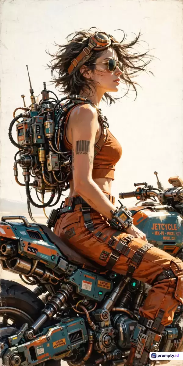 Gambar ini menampilkan ilustrasi gaya fiksi ilmiah dan cyberpunk dengan teknik seni digital bertekstur, menampilkan seorang wanita berambut acak-acakan mengenakan kacamata aviator dan goggle, atasan oranye, celana taktis, serta ransel mesin kompleks yang duduk di atas motor futuristik berlabel JETCYCLE, diperkaya oleh kata kunci seperti petualangan, teknologi masa depan, dan pemberontak, dengan palet warna dominan oranye, toska, dan cokelat gelap.