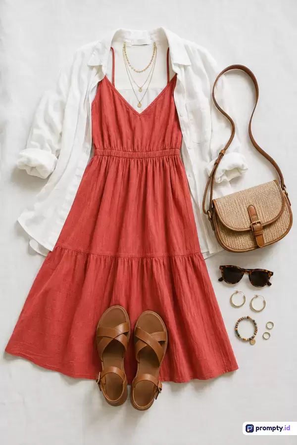 Gambar bergaya flat lay menampilkan kombinasi pakaian musim panas kasual chic yang terdiri dari gaun midi terakota, kemeja putih longgar, tas selempang jerami, sandal cokelat, dan aksesori elegan bernuansa earthy, dengan kata kunci fashion, ootd, gaya musim panas, estetika, dan busana wanita, didominasi warna putih, terakota, dan cokelat.