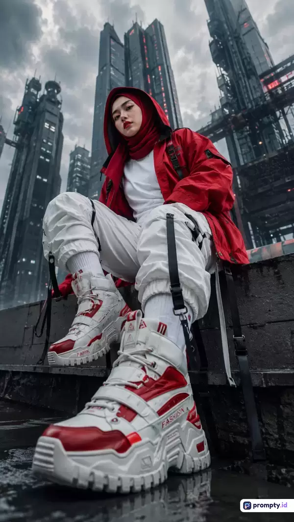 Gambar bergaya cyberpunk sinematik ini menampilkan seorang wanita berhijab mengenakan jaket merah dan celana kargo putih dengan sepatu sneakers futuristik, berpose tegas di latar belakang gedung-gedung pencakar langit dystopian yang megah, dengan kata kunci fashion hijab, futuristik, cyberpunk, streetstyle, urban, sci-fi, dan 3 warna dominannya adalah merah, putih, dan abu-abu gelap.