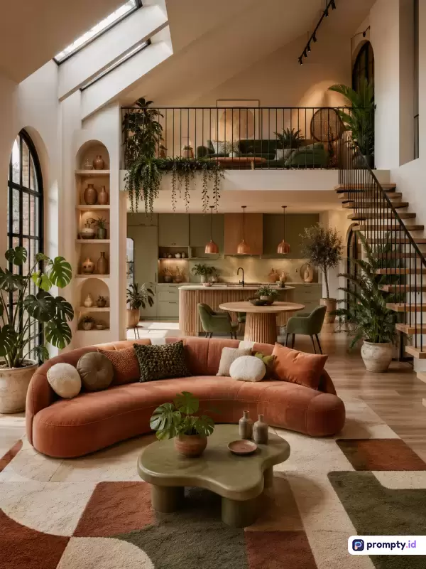 Gambar bergaya fotografi arsitektur modern kontemporer ini menampilkan interior ruang tamu mewah berkonsep *open space* dengan mezzanine dan dapur terbuka yang dipenuhi tanaman hias hijau, didominasi warna terakota, hijau zaitun, dan krem, serta kaya akan kata kunci desain interior, rumah mewah, estetika botani, pencahayaan alami, dan dekorasi minimalis hangat.