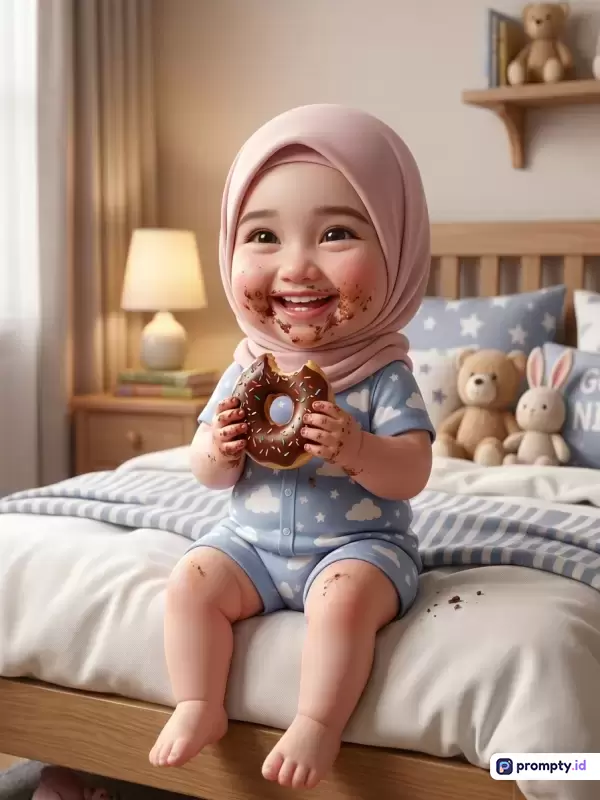 Gambar bergaya digital art yang realistis ini menampilkan konten seorang bayi perempuan lucu berhijab pink ceria sedang memegang donat cokelat dengan wajah dan tangan belepotan cokelat di atas tempat tidur bernuansa kamar anak, dengan kata kunci bayi, hijaber cilik, donat cokelat, kamar tidur, ceria, dan warna dominan biru muda, cokelat kayu, serta merah muda.