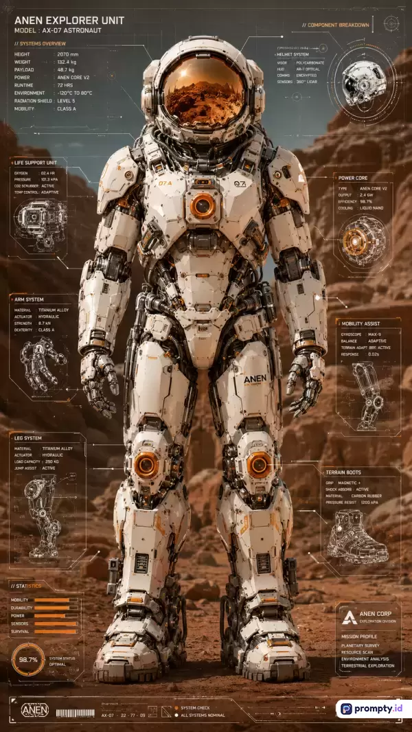 Gambar bergaya *sci-fi* dan ilustrasi futuristik ini menampilkan konten seorang astronaut dengan baju zirah mekanis lengkap dengan infografis teknis, diagram komponen, dan spesifikasi sistem dalam lanskap planet merah, serta menggunakan kata kunci astronaut, baju luar angkasa, eksplorasi Mars, teknologi masa depan, *sci-fi*, fiksi ilmiah, pakaian mekanis, teknik mesin, dan antariksa; dengan dominasi warna putih, cokelat tanah, dan oranye menyala.