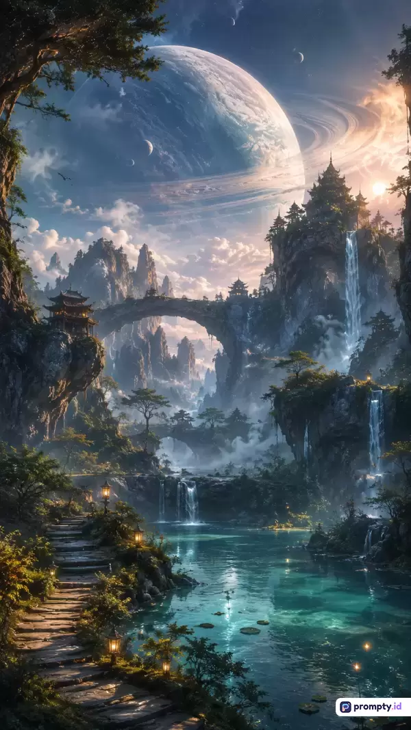 Gambar digital bergaya *fantasy art* dan *concept art* ini menampilkan lanskap surealis yang megah dengan konten kuil pagoda kuno, air terjun bertingkat, dan planet bercincin besar di langit, menggunakan kata kunci fantasy landscape, celestial, temple, waterfall, surreal, didominasi oleh palet warna biru tua, pirus, dan abu-abu keperakan.