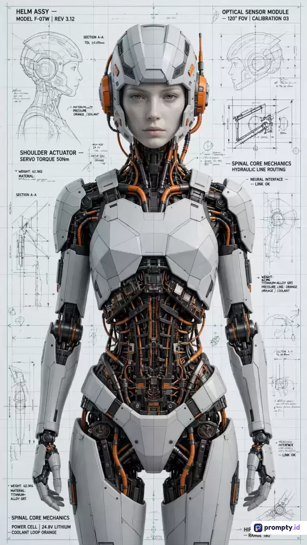 Gambar berformat digital sci-fi ini menampilkan ilustrasi konsep robot cyborg wanita futuristik dengan gaya cetak biru teknik mesin berlatar diagram anatomi, menggunakan kata kunci robotika, android, kecerdasan buatan, sketsa teknis, dan futuristik, serta didominasi oleh warna putih, abu-abu, dan jingga.
