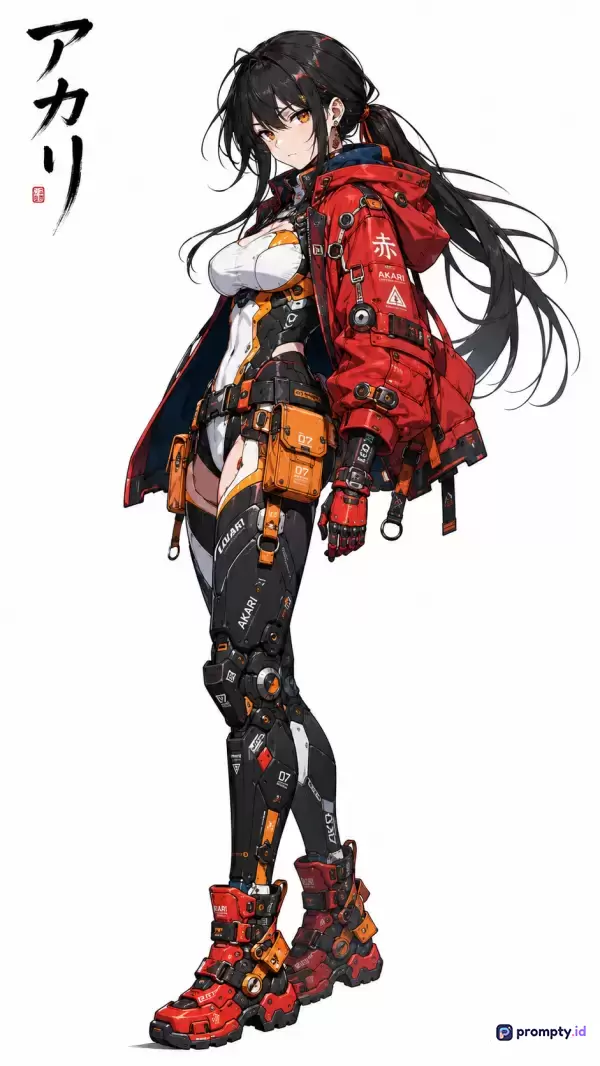 Gambar berstyle anime digital art ini menampilkan karakter wanita fiktif berambut hitam panjang dikuncir kuda dengan gaya sci-fi cyberpunk yang mengenakan jaket merah, pakaian tempur futuristik, dan sepatu bot taktis, serta dilengkapi tulisan kanji Jepang di sisi kiri atas, dengan kata kunci karakter anime, fiksi ilmiah, cyberpunk, wanita tangguh, seni futuristik, dan palet tiga warna dominan yaitu merah, hitam, dan oranye.