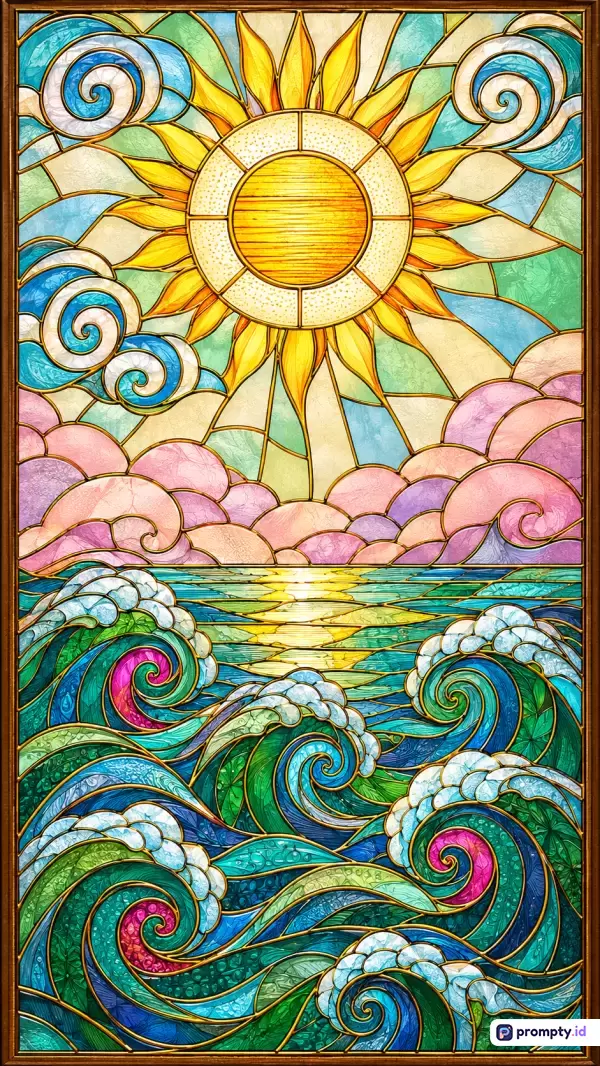 Gambar ini menampilkan gaya seni kaca patri (stained glass) klasik dengan konten pemandangan alam berupa matahari cerah, awan bergelombang, dan ombak laut yang dinamis, serta menggunakan kata kunci matahari, ombak, kaca patri, seni dekoratif, dan warna-warna cerah, dengan tiga warna dominan yaitu kuning, biru, dan hijau.