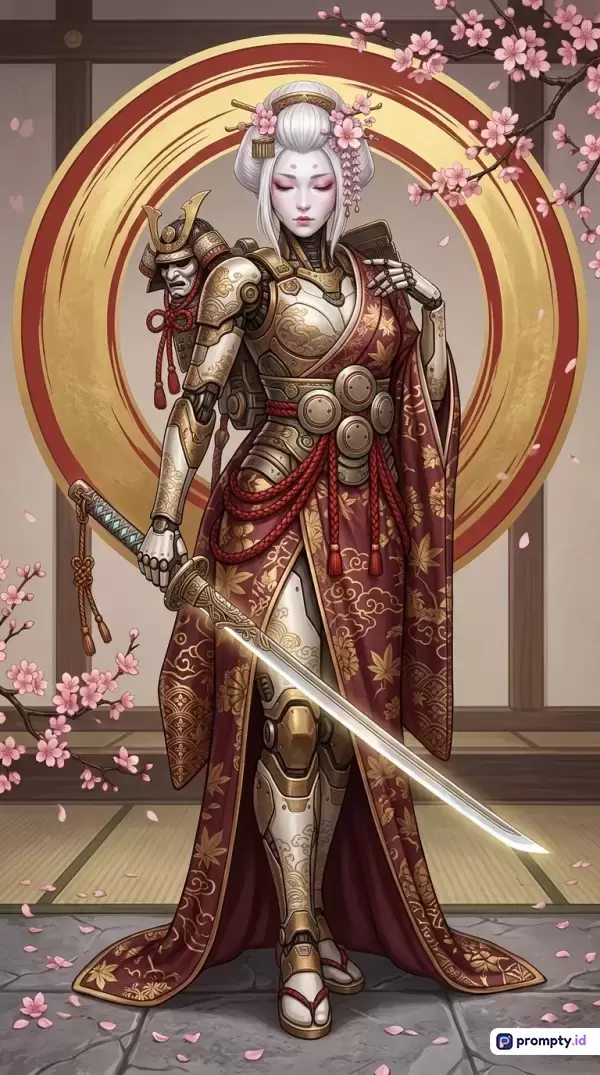 Gambar bergaya digital art fantasi ini menampilkan konten wanita cyborg samurai berbalut kimono tradisional merah bermotif emas, dengan latar belakang lingkaran enso merah-emas dan bunga sakura, serta memiliki kata kunci geisha futuristik, mecha jepang, prajurit wanita, pedang katana, dan estetika cyberpunk, dengan dominasi warna merah marun, emas metalik, dan putih gading.