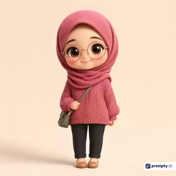Gambar bergaya 3D *chibi* ini menampilkan karakter anak perempuan berhijab merah muda, berkacamata bulat, mengenakan sweater rajut senada, celana hitam, dan tas selempang hijau, yang dikurasi dengan kata kunci karakter muslimah, animasi lucu, gaya kartun, serta didominasi oleh tiga warna utama yaitu merah muda, krem, dan hitam.