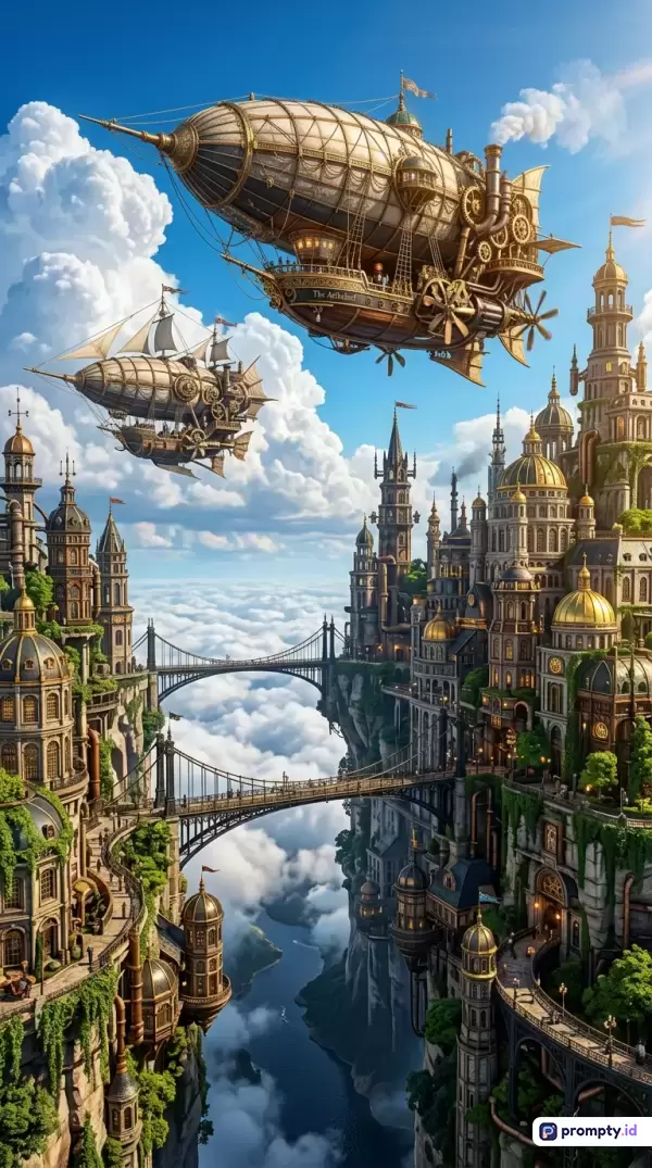 Gambar bergaya ilustrasi digital fantasi steampunk ini menampilkan konten kota di atas awan dengan kapal terbang megah, menggunakan kata kunci kota awan, steampunk, kapal terbang, kastil langit, jembatan gantung, dan fantasi, didominasi oleh palet warna biru langit, krem keemasan, dan hijau vegetasi, serta menggunakan kata kunci tambahan petualangan, arsitektur victoria, awan kumulus, serta dunia imajinatif.