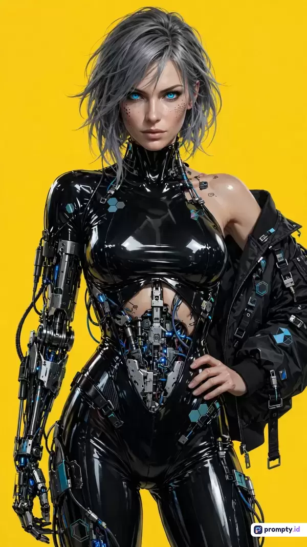 Gambar digital bergenre fiksi ilmiah ini menampilkan sosok wanita sibernetik bergaya futuristik dengan rambut pendek abu-abu dan mata biru menyala, mengenakan pakaian ketat lateks hitam yang memperlihatkan komponen mekanik internal serta lengan robotik canggih, berlatar belakang kuning cerah yang kontras, dengan dominasi warna kuning, hitam, dan abu-abu, serta kata kunci: wanita cyborg, fiksi ilmiah, android, masa depan, robot, lateks hitam, estetika cyberpunk, dan teknologi canggih.