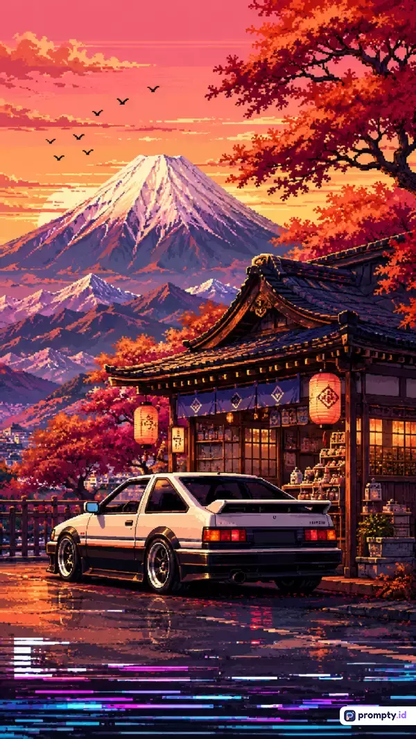 Gambar bergaya *pixel art* ini menampilkan konten pemandangan senja Jepang yang menampilkan mobil drift klasik di depan bangunan tradisional dengan latar Gunung Fuji, menggunakan warna dominan oranye, merah, dan ungu, serta kata kunci estetika retro, Jepang, pixel art, gunung fuji, mobil klasik, dan senja.
