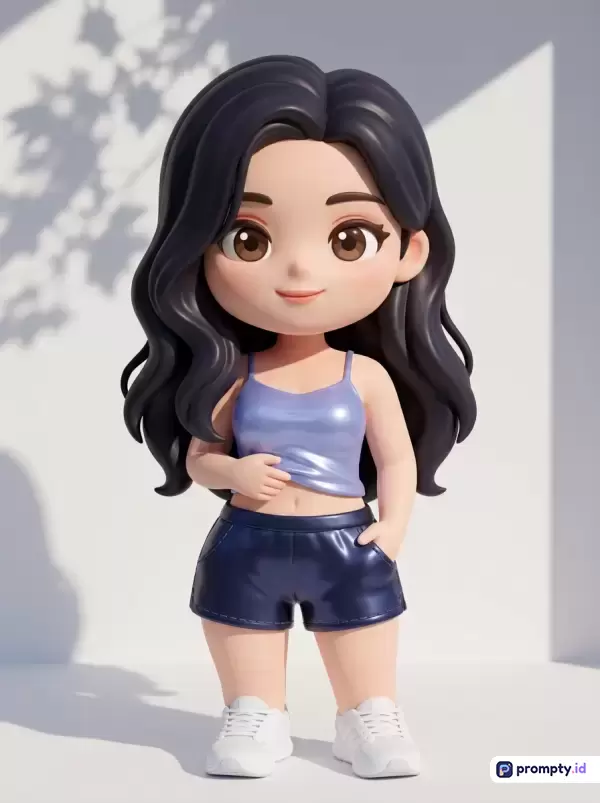 Gambar bergaya figurin 3D chibi lucu ini menampilkan seorang perempuan berambut hitam bergelombang mengenakan atasan ungu muda, celana pendek biru tua, dan sepatu kets putih dengan latar belakang dinding abu-abu berpola bayangan, menghasilkan kata kunci boneka 3D, chibi, wanita, rambut hitam, kasual, minimalis, dan modern, serta didominasi oleh warna ungu muda, biru tua, dan putih.