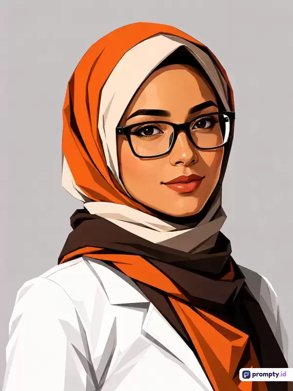 Gambar berformat ilustrasi digital vektor datar ini menampilkan potret setengah badan seorang wanita berhijab mengenakan jas putih dan kacamata hitam, yang dikemas dengan kata kunci wanita, muslimah, dokter, hijab oranye, kacamata, dan ilustrasi digital, serta didominasi oleh warna oranye, putih, dan cokelat.