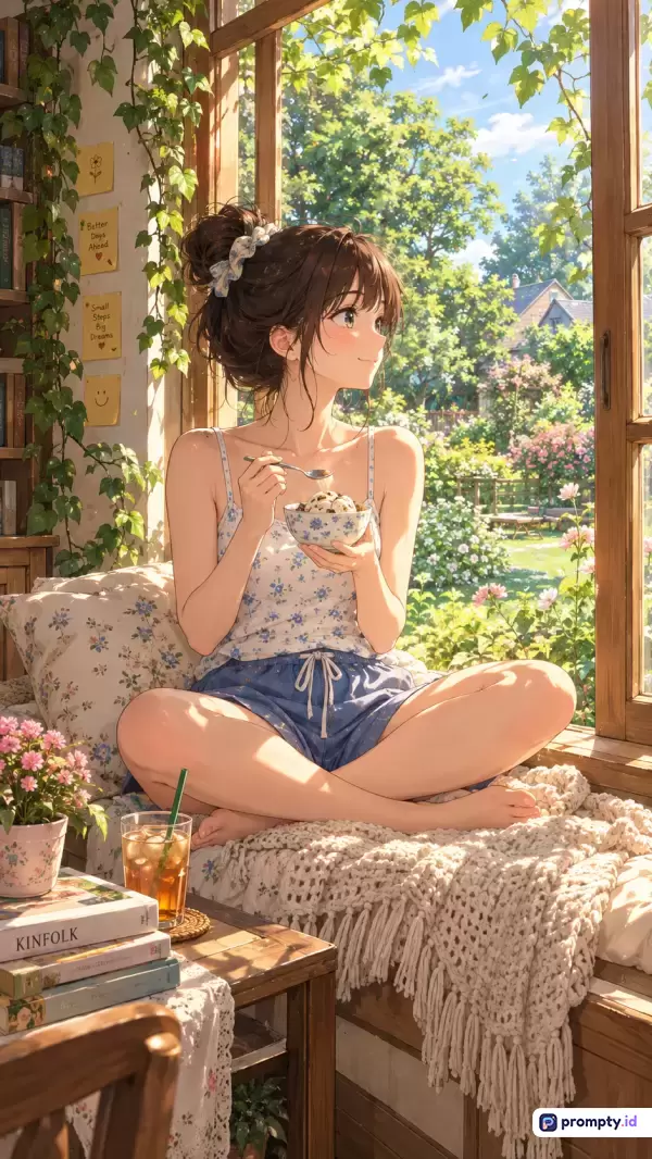 Gambar bergaya anime hangat ini menggambarkan seorang perempuan muda yang sedang menikmati mangkuk es krim di dekat jendela terbuka dengan konten suasana pagi yang tenang, menggunakan skema warna dominan hijau daun, cokelat kayu, dan biru lembut, serta kata kunci relaksasi, musim panas, jendela, dan ilustrasi digital.