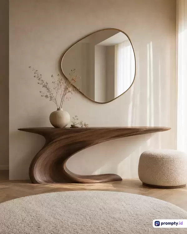 Gambar bergenre desain interior kontemporer minimalis ini menampilkan konten berupa meja konsol kayu berlekuk artistik, cermin asimetris berbingkai tipis, vas bunga kering, pouf bundar, dan karpet tekstur lembut, dengan kata kunci dekorasi rumah estetis, interior hangat, furnitur organik, dan gaya skandinavia modern, didominasi oleh warna krem, cokelat kayu, dan putih gading.