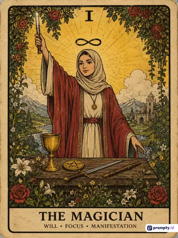Gambar bergaya ilustrasi tarot vintage dengan teknik ukiran klasik ini menampilkan konten figur wanita berhijab sebagai The Magician yang dikelilingi simbol-simbol elemen alkimia, flora mawar, dan latar kastil alam, menggunakan kata kunci: tarot, pesulap, hijabi, vintage, mistis, manifestasi, dan okultisme, serta didominasi oleh tiga warna utama yaitu kuning mustard, merah marun, dan hijau tua.