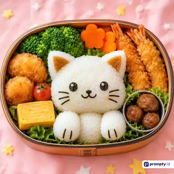Gambar dengan gaya fotografi kuliner bernuansa kawaii ini menampilkan konten kotak bekal bento Jepang (kyaraben) yang berisi nasi bentuk kucing putih, udang tempura, kroket, brokoli, wortel, tamagoyaki, dan bakso, dengan kata kunci bento kucing, bekal lucu, kyaraben, kuliner jepang, estetika kawaii, serta didominasi oleh warna putih, cokelat keemasan, dan hijau.