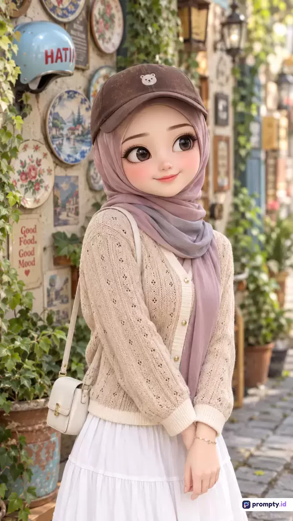 Gambar bergaya animasi 3D ini menampilkan seorang gadis berhijab mengenakan kardigan rajut krem, rok putih, topi cokelat, dan tas selempang kecil di latar belakang jalanan kota yang dihiasi tanaman hias serta piring dinding antik, dengan kata kunci hijab, animasi, gaya kasual, estetika, dan warna-warna dominan cokelat, ungu muda, serta putih.