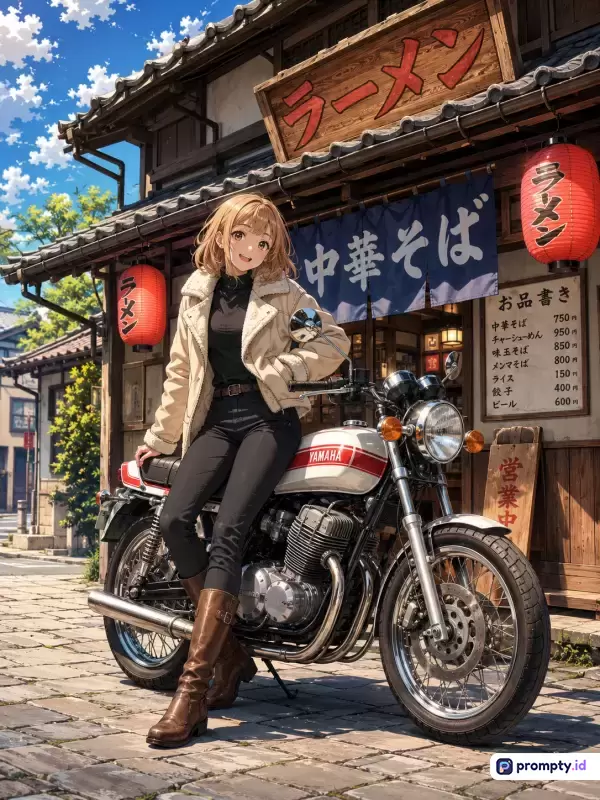 Gambar berlatar gaya anime digital ini menampilkan seorang gadis berambut pirang pendek yang tersenyum ceria sambil mengenakan jaket krem, celana hitam, dan sepatu bot kulit, berpose santai di atas sepeda motor klasik Yamaha bernuansa retro di depan kedai ramen tradisional Jepang yang dihiasi lampion merah dan papan menu kayu di bawah langit biru cerah, dengan kata kunci utama: anime, gadis, motor klasik, kedai ramen, Jepang, retro, dan tiga warna dominan yaitu cokelat, merah, dan biru.