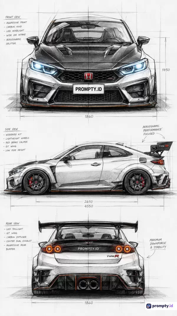 Gambar teknik sketsa tangan berwarna monokrom dengan aksen oranye dan merah ini menampilkan blueprint mobil sport Honda Civic Type R dari tampak depan, samping, dan belakang, lengkap dengan dimensi, catatan teknis, serta kata kunci sketsa mobil, cetak biru, desain otomotif, modifikasi, aerodinamika, Honda Civic Type R, yang didominasi oleh warna putih, hitam, dan abu-abu.