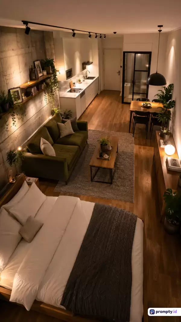 Gambar bergaya fotografi interior modern minimalis ini menampilkan sebuah apartemen studio terbuka bernuansa hangat dengan tiga warna dominan yaitu hijau zaitun, cokelat kayu, dan putih krem, serta berisi konten berupa kamar tidur di latar depan, ruang tamu dengan sofa hijau di tengah, area dapur bersih di sisi kiri, dan meja makan kecil di latar belakang, yang dilengkapi dengan kata kunci apartemen studio, interior modern, tata letak terbuka, pencahayaan hangat, dekorasi tanaman hijau, gaya minimalis, ruang tamu, kamar tidur, dapur, dan kayu alami.
