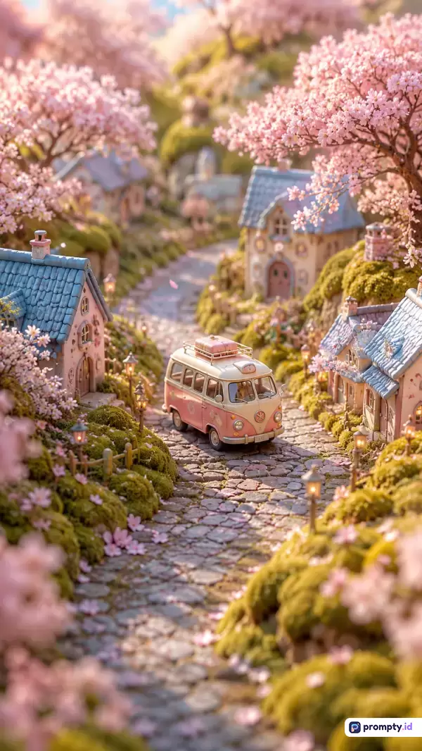Gambar bergaya diorama miniatur fantasi ini menampilkan sebuah van antik merah muda yang sedang melaju di jalan setapak berbatu di antara desa dongeng yang dikelilingi bunga sakura bermekaran, dengan kata kunci desa dongeng, van antik, bunga sakura, diorama, miniatur, dan lanskap musim semi, serta didominasi oleh warna merah muda, hijau lumut, dan biru pastel.