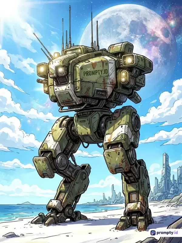 Gambar bergaya ilustrasi komik fiksi ilmiah ini menampilkan konten robot tempur mech militer hijau berkarat dengan kata kunci PROMPTY.ID di pantai futuristik berlatar bulan raksasa dan kota masa depan, menggunakan palet warna dominan hijau militer, biru langit, dan putih dengan kata kunci: mecha, robot tempur, fiksi ilmiah, pantai futuristik, sci-fi, anime, militer, planet asing.