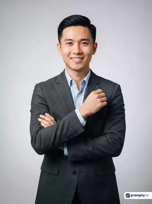 Gambar bergaya potret profesional studio ini menampilkan konten seorang pria muda Asia berjas gelap dan kemeja biru muda yang tersenyum percaya diri dengan latar belakang abu-abu terang, menggunakan kata kunci eksekutif, pengusaha, profesional, dan sukses, serta didominasi oleh tiga warna utama yaitu abu-abu gelap, biru muda, dan abu-abu terang.