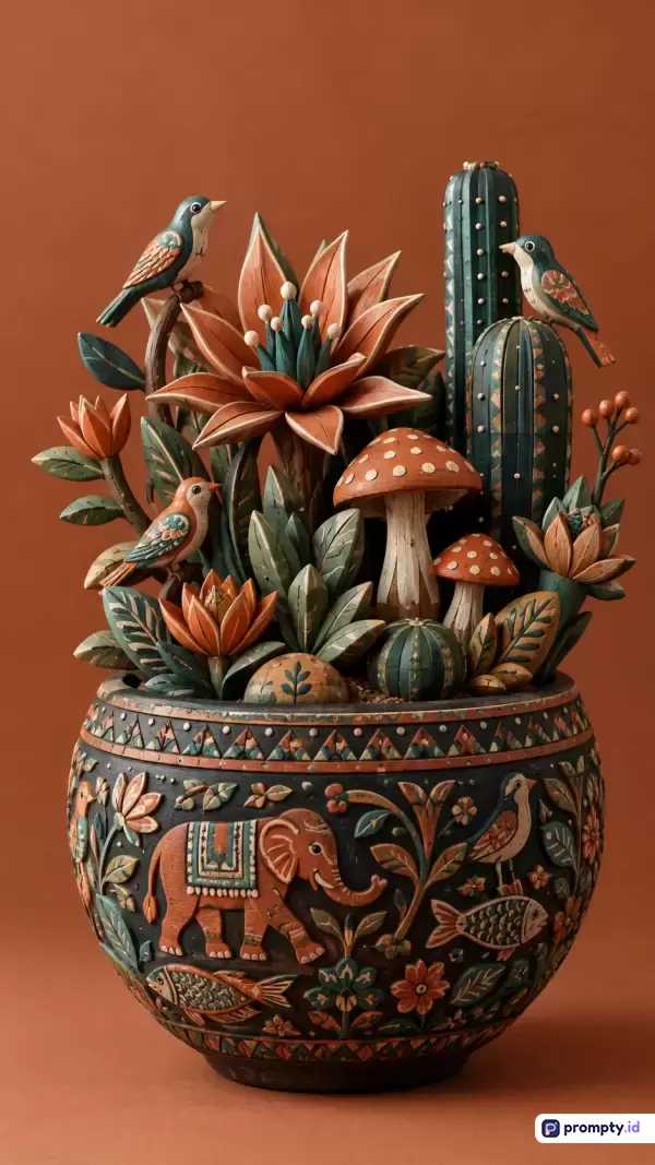 Gambar ini menampilkan gaya seni ukir kayu tradisional yang kaya konten dengan ornamen flora, fauna seperti gajah dan burung, serta jamur, yang direpresentasikan melalui kata kunci seni rakyat, ukiran kayu, dekorasi botani, dan kerajinan tangan, didominasi oleh palet warna terakota, hijau tua, dan cokelat gelap dengan latar belakang polos.