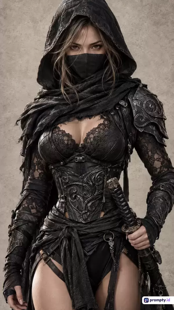 Gambar bergenre *dark fantasy* dan *cosplay* ini menampilkan seorang wanita berpenampilan assassin dengan gaya fotografi potret realistis sinematik, mengenakan tudung, korset kulit berukir, renda hitam, masker wajah, dan memegang pedang katana, yang direpresentasikan melalui kata kunci wanita pembunuh, fantasi gelap, ninja wanita, korset kulit, dan pedang katana dengan tiga warna dominan yaitu hitam, abu-abu tua, dan cokelat muda.