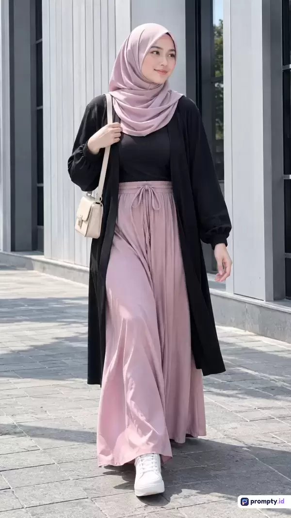 Foto bergaya *street fashion* modern bernuansa kasual ini menampilkan seorang wanita berhijab yang mengenakan kardigan hitam, celana palazzo merah muda, dan tas selempang krem, dengan tiga warna dominan yaitu hitam, merah muda, serta abu-abu, dan kata kunci: OOTD hijab, gaya kasual, *street style*, fesyen muslimah, dan tren pakaian wanita.