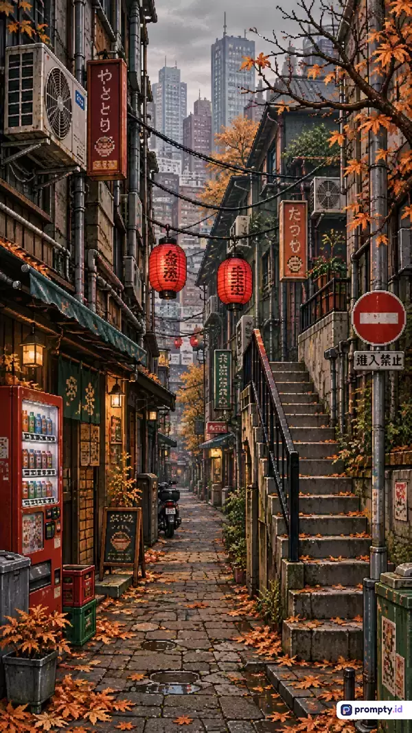 Gambar dengan gaya seni piksel atau anime Jepang ini menampilkan lorong perkotaan sempit yang dipenuhi daun musim gugur berserakan, tangga batu, dan lampu lampion merah di antara bangunan padat, dengan dominasi warna merah, abu-abu, dan oranye, serta kata kunci gang Jepang, musim gugur, lampion merah, piksel art, dan perkotaan.