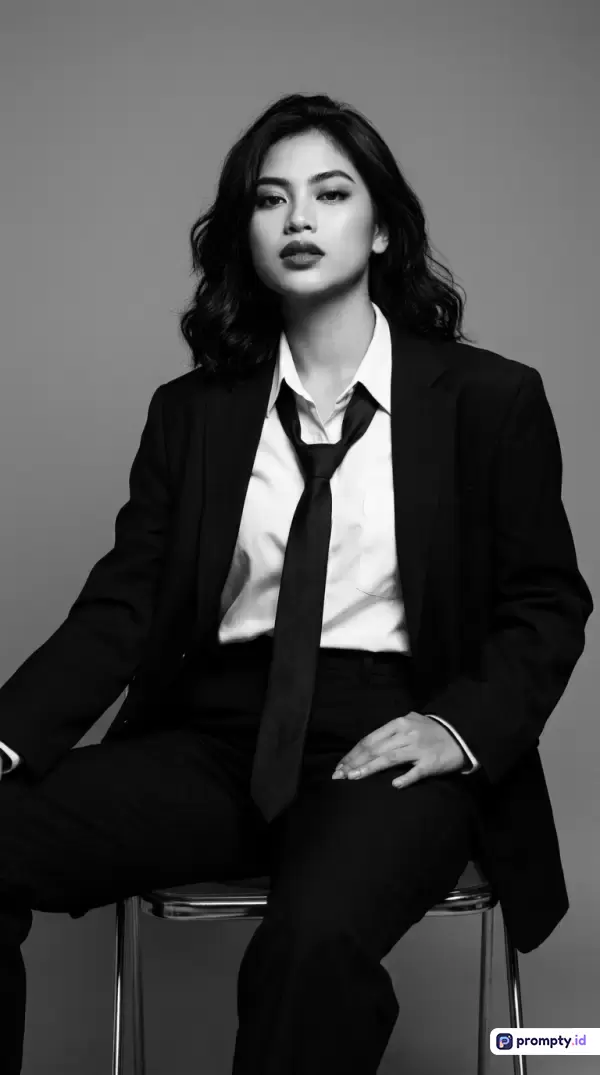 Gambar monokrom bergaya potret studio profesional ini menampilkan seorang wanita berambut hitam bergelombang mengenakan setelan jas hitam elegan, kemeja putih, dan dasi, dengan dominasi warna hitam, putih, dan abu-abu, serta kata kunci wanita karier, setelan formal, fesyen androgini, monokrom, dan potret percaya diri.
