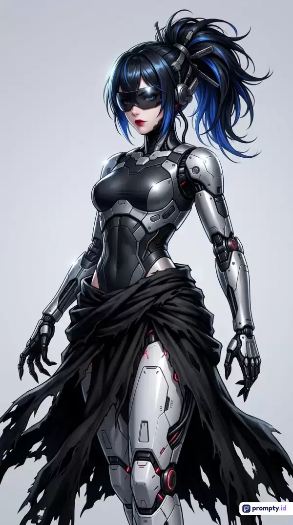 Gambar bergaya anime fiksi ilmiah ini menampilkan karakter cyborg wanita futuristik berambut kuncir kuda hitam dengan aksen biru yang mengenakan kacamata visor dan jubah compang-compang, memiliki kata kunci fiksi ilmiah, cyborg, anime, wanita, futuristik, robot, dan teknologi, serta didominasi oleh warna hitam, perak, dan biru.
