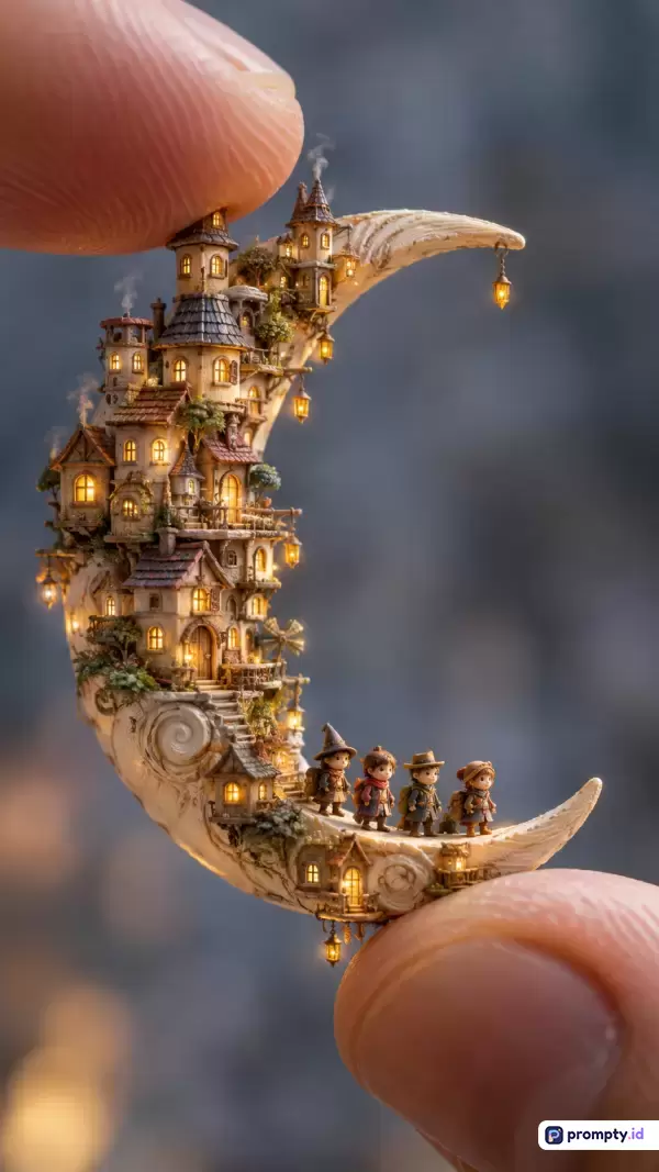 Gambar dengan gaya diorama miniatur fantasi ini menampilkan konten pemandangan desa kecil berarsitektur klasik di atas bulan sabit yang dipegang jari, menggunakan kata kunci seni mikro, miniaturis, desa bulan, fantasi magis, dengan palet warna dominan cokelat hangat, krem, dan abu-abu gelap, serta kata kunci pencarian figurin kecil, diorama makro, miniatur bercahaya, seni fantasi buatan tangan, dan dunia mini.