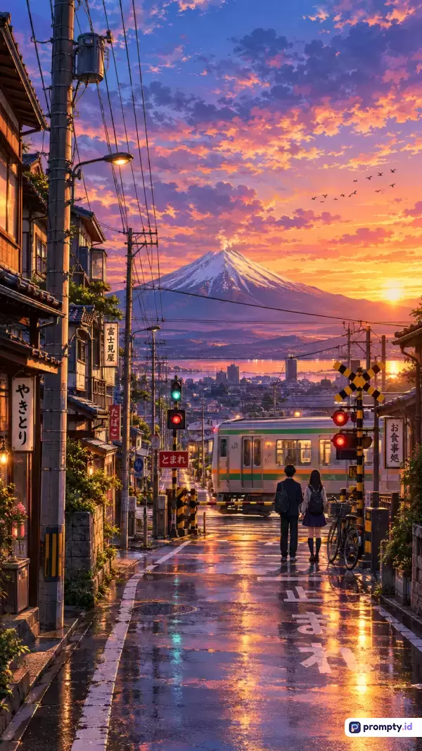 Gambar bergaya anime digital ini menampilkan pemandangan jalanan Jepang basah sehabis hujan saat senja dengan latar Gunung Fuji yang megah, menampilkan konten romantis dua remaja berdiri di perlintasan kereta api dengan kata kunci senja, anime, gunung fuji, jepang, romantis, hujan, kereta, estetika, dan didominasi oleh warna jingga, biru tua, serta kuning.